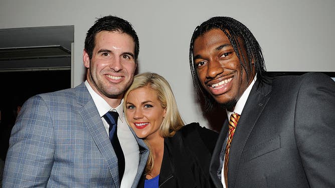 Quarterback Christian Ponder of the Minnesota Vikings, ESPN sportscaster Sam Ponder and Offensive Rookie of the Year Robert Griffin aka RG3 of the Washington Redskins attend a 2013 Super Bowl party in New Orleans, Louisiana.