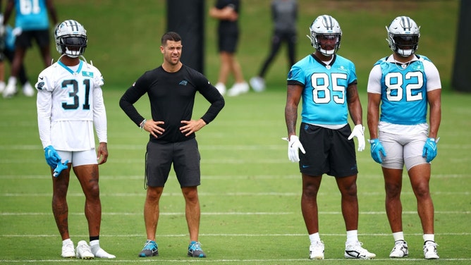 Carolina Panthers head coach Dave Canales is coaching up his guys during OTAs in North Carolina. (Jared C. Tilton/Getty Images)
