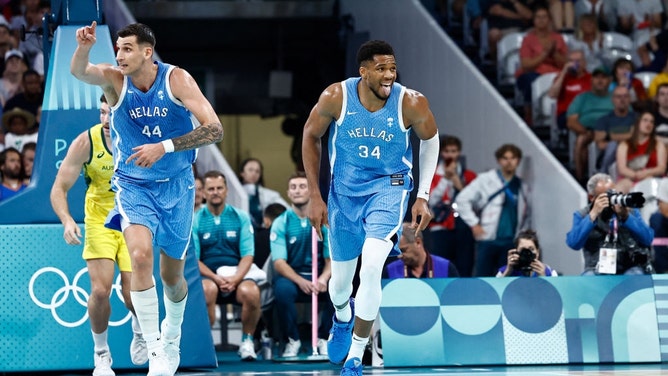 Greece PF Giannis Antetokounmpo celebrates after scoring on Australia in the Paris 2024 Olympic Games. (Sameer Al-Doumy / AFP)