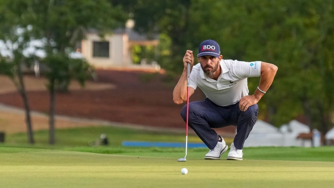 Billy Horschel lines up a putt on the 15th green during the final round of the 2023 Wyndham Championship. (David Yeazell-USA TODAY Sports)