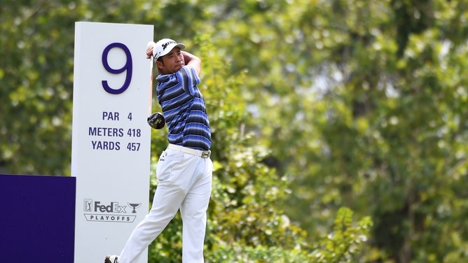 Hideki Matsuyama hits his tee shot on the ninth hole during Round 2 of the FedEx St. Jude Championship 2023 at TPC Southwind in Memphis, Tennessee. (Christopher Hanewinckel-USA TODAY Sports)