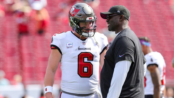 Tampa Bay Buccaneers QB Baker Mayfield speaks to head coach Todd Bowles before a game vs. the Atlanta Falcons at Raymond James Stadium in Florida. (Nathan Ray Seebeck-USA TODAY Sports)