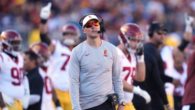 USC Trojans head coach Lincoln Riley reacts after a penalty against the California Golden Bears. (Darren Yamashita-USA TODAY Sports)