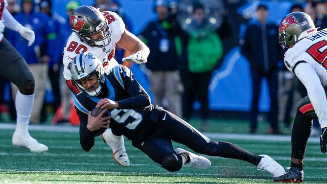 Tampa Bay Buccaneers pass rusher Yaya Diaby sacks Panthers QB Bryce Young at Bank of America Stadium in Charlotte, North Carolina. (Jim Dedmon-USA TODAY Sports)