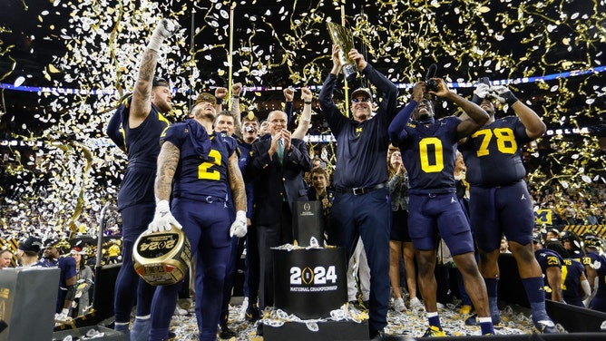 Former Michigan Wolverines head coach Jim Harbaugh celebrates beating the Washington Huskies in the 2024 College Football Playoff National Championship game at NRG Stadium in Houston. (Junfu Han/USA TODAY NETWORK) 