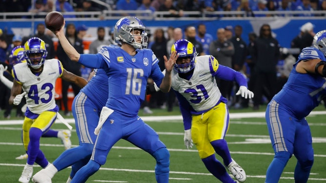 Lions QB Jared Goff looks drops back to pass against the Los Angeles Rams during the 2024 NFC Wild Card Game at Ford Field in Detroit. (Eric Seals/USA TODAY NETWORK)