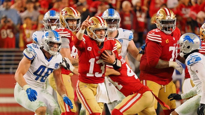 San Francisco 49ers QB Brock Purdy celebrates after winning the 2023-24 NFC Championship vs. the Detroit Lions at Levi's Stadium in California. (Kelley L Cox-USA TODAY Sports)