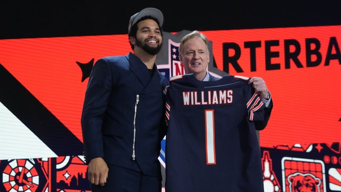 USC Trojans QB Caleb Williams poses with NFL commissioner Roger Goodell after being selected by the Chicago Bears first overall in the 2024 NFL Draft. (Kirby Lee-USA TODAY Sports)