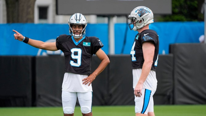 Carolina Panthers QBs Bryce Young and Andy Dalton praticing during training camp. (Jim Dedmon-USA TODAY Sports) 