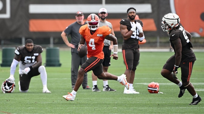 Browns QB Deshaun Watson rolls out during OTAs at Cleveland's training facility in Berea, Ohio. (Bob Donnan-USA TODAY Sports)