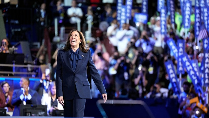 Democratic Presidential nominee Vice President Kamala Harris delivers her acceptance speech during the final day of the Democratic National Convention at the United Center in Chicago. (Mike De Sisti/USA TODAY NETWORK)