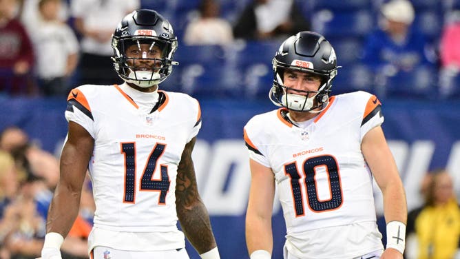 Denver Broncos wide receiver Courtland Sutton and rookie quarterback Bo Nix on the field during the team's preseason game against the Indianapolis Colts.