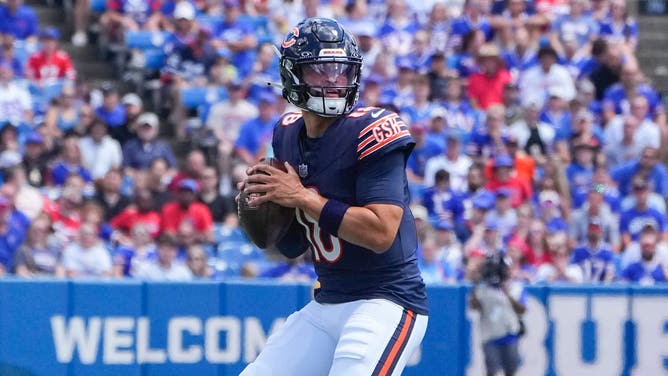 Chicago Bears rookie quarterback Caleb Williams looks to throw the ball in an NFL preseason game against the Buffalo Bills.