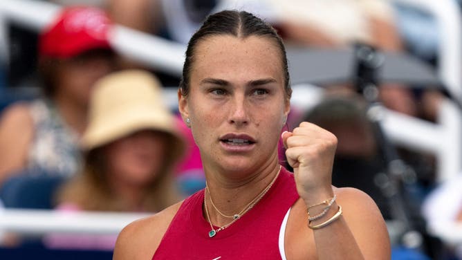 One of Belarusian tennis star Aryna Sabalenka's coaches wore a cap in support of XX-XY Athletics, a company dedicated to protecting women's sports.