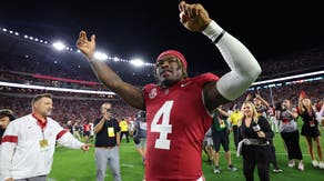 Alabama QB Jalen Milroe celebrates after the win over Georgia