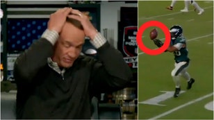 Peyton Manning had an incredible reaction to Saquon Barkley dropping a pass late against the Falcons. The mistake ultimately cost the Eagles the game. Watch his reaction. (Credit: ESPN2 Broadcast/Video Screenshot/https://x.com/OmahaProd/status/1835877870129873243)