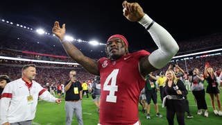 Alabama QB Jalen Milroe celebrates after the win over Georgia