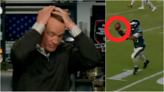 Peyton Manning had an incredible reaction to Saquon Barkley dropping a pass late against the Falcons. The mistake ultimately cost the Eagles the game. Watch his reaction. (Credit: ESPN2 Broadcast/Video Screenshot/https://x.com/OmahaProd/status/1835877870129873243)