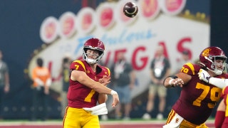 USC Trojans QB Miller Moss throws a pass against the LSU Tigers at Allegiant Stadium in Las Vegas. (Stephen R. Sylvanie-USA TODAY Sports)