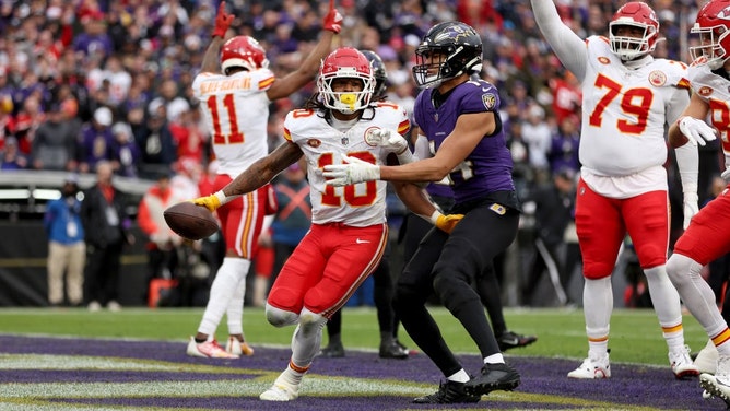 Kansas City Chiefs RB Isiah Pacheco celebrates after a TD vs. the Baltimore Ravens in the AFC Championship Game at M&T Bank Stadium in Maryland. (Patrick Smith/Getty Images)
