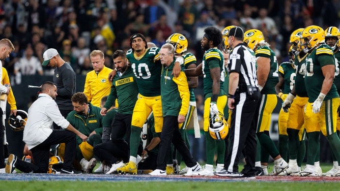 Green Bay Packers QB Jordan Love walks off the field with a leg injury during an NFL game against the Philadelphia Eagles at Arena Corinthians in Sao Paulo, Brazil. (Brooke Sutton/Getty Images)
