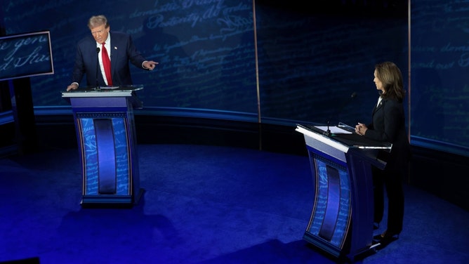 Former President Donald Trump and current Vice President Kamala Harris debate during the 2024 presidential election campaign at The National Constitution Center in Philadelphia. (Win McNamee/Getty Images)
