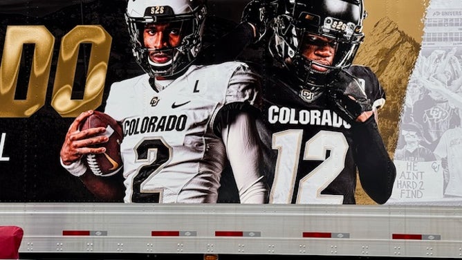 The Colorado equipment truck is plastered with a photo of Shedeur Sanders and Travis Hunter. Via: Trey Wallace