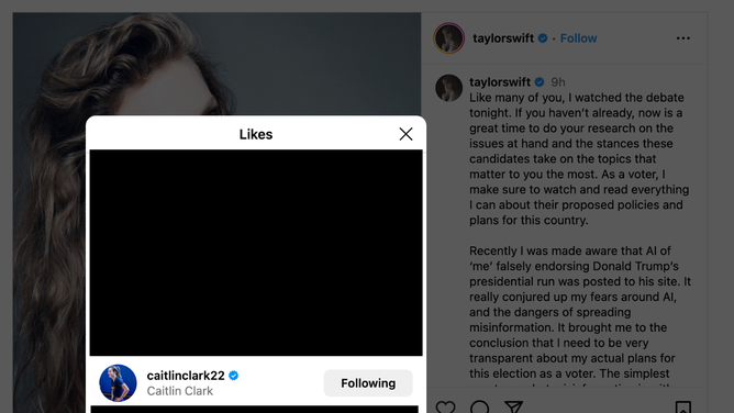 Caitlin Clark likes Taylor Swift's post endorsing Kamala Harris. (Credit: Instagram/Taylor Swift)