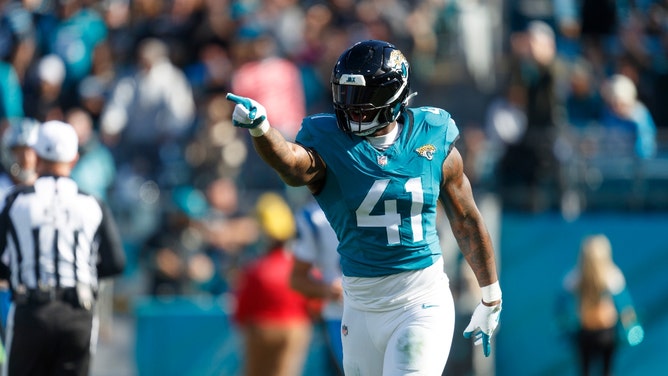 Jacksonville Jaguars pass rusher Josh Hines-Allen celebrates a sack against the Carolina Panthers at EverBank Stadium in Florida. (Morgan Tencza-USA TODAY Sports)