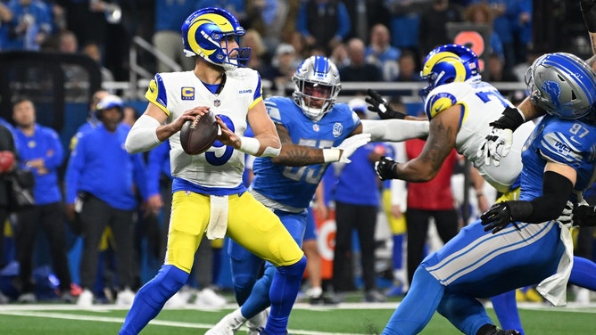 Los Angeles Rams QB Matthew Stafford drops back to throw during the 2024 NFC wild card game vs. the Detroit Lions at Ford Field. (Lon Horwedel-Imagn Images)