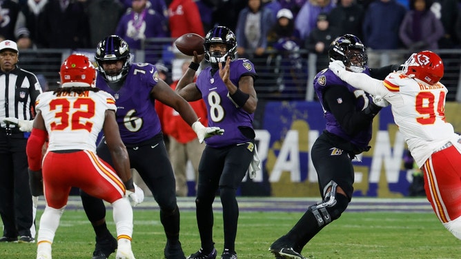 Baltimore Ravens QB Lamar Jackson drops back to pass on the Kansas City Chiefs in the AFC Championship football game at M&T Bank Stadium. (Geoff Burke-Imagn Images)