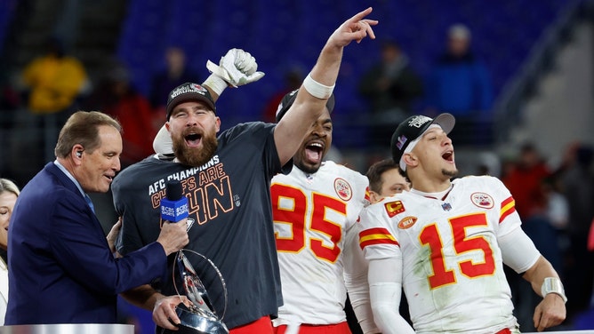 Kansas City Chiefs TE Travis Kelce and QB Patrick Mahomes celebrate after beating the Baltimore Ravens in the AFC Championship. (Geoff Burke-Imagn Images)