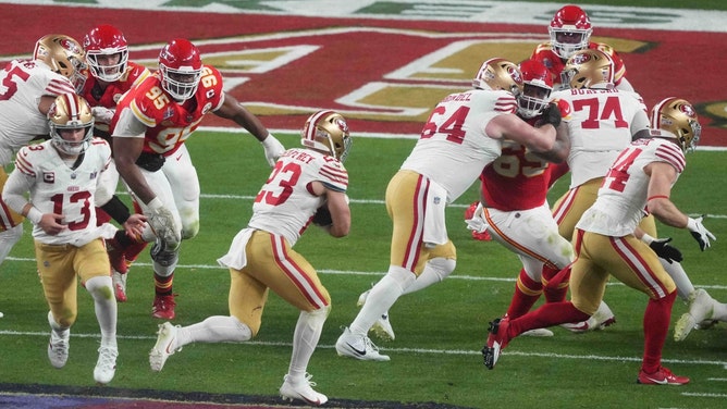 San Francisco 49ers RB Christian McCaffrey carries the ball vs. the Kansas City Chiefs in Super Bowl 2024 at Allegiant Stadium in Las Vegas. (Joe Camporeale-Imagn Images) 