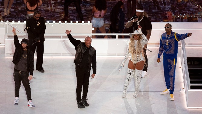 Eminem, Kendrick Lamar, Dr. Dre, Mary J. Blige, 50 Cent, and Snoop Dogg perform in the Super Bowl LVI halftime show at SoFi Stadium in Los Angeles. (Kirby Lee-Imagn Images)