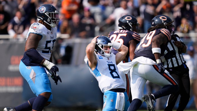 Tennessee Titans quarterback Will Levis reacts to an interception that was returned for a Chicago Bears touchdown during the fourth quarter of an NFL Week 1 loss. 