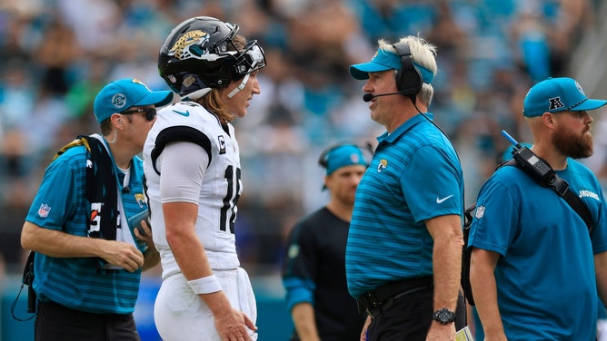 Jacksonville Jaguars QB Trevor Lawrence talks with head coach Doug Pederson during an NFL Week 2 game vs. the Cleveland Browns at EverBank Stadium in Florida. (Corey Perrine/Florida Times-Union-USA TODAY NETWORK via Imagn Images)
