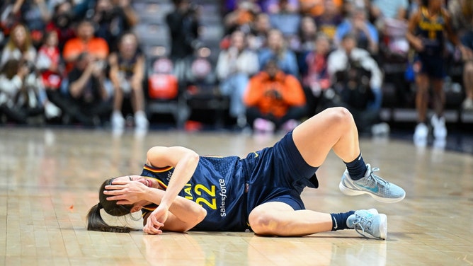 Indiana Fever SG Caitlin Clark after getting poked in the eye in Game 1 of the first round of the 2024 WNBA Playoffs at Mohegan Sun Arena. (Mark Smith-Imagn Images)