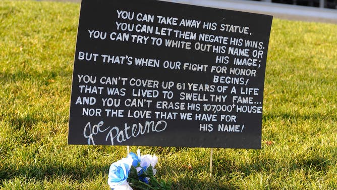 General view of a sign in the location where the statue of former Penn State Nittany Lions head coach Joe Paterno once stood on the school's campus, just outside of Beaver Stadium.