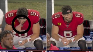 Did Baker Mayfield pop a Zyn during the Buccaneers/Ravens game? (Credit: Screenshot/X Video https://x.com/theghettogronk/status/1848596700757172377/Game broadcast)