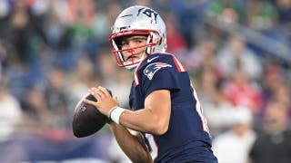 Aug 15, 2024; Foxborough, Massachusetts, USA; New England Patriots quarterback Drake Maye (10) looks to throw against the Philadelphia Eagles during the first half at Gillette Stadium. Mandatory Credit: Brian Fluharty-Imagn Images