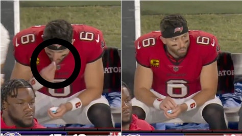 Did Baker Mayfield pop a Zyn during the Buccaneers/Ravens game? (Credit: Screenshot/X Video https://x.com/theghettogronk/status/1848596700757172377/Game broadcast)