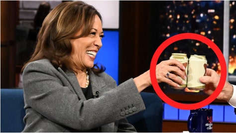 Kamala Harris goes full cringe drinking a beer with Stephen Colbert. (Credit: Scott Kowalchyk/CBS ©2024 CBS Broadcasting Inc. All Rights Reserved)