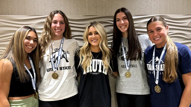 OutKick's Riley Gaines visited the Utah State volleyball team and gave them "Medals of Courage" for refusing to compete against San Jose State and transgender player Blaire Fleming.