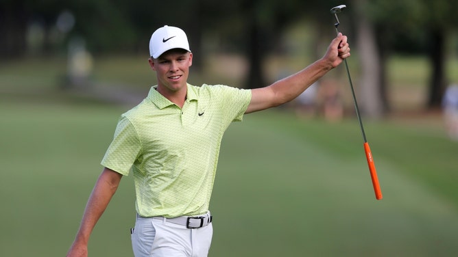 Nick Hardy celebrates sinking a putt on the 18th green during the final round of the 2021 Sanderson Farms Championship. (Chuck Cook-Imagn Images)