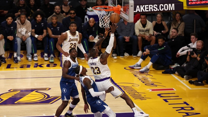 Los Angeles Lakers SF LeBron James attacks the basket vs. the Minnesota Timberwolves at Crypto.com Arena. (Kiyoshi Mio-Imagn Images)
