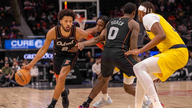 Detroit Pistons PG Cade Cunningham uses a pick against the Indiana Pacers at Little Caesars Arena. (David Reginek-Imagn Images)