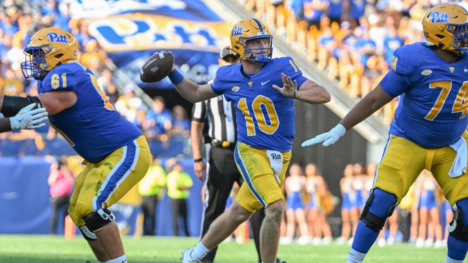 Pittsburgh Panthers QB Eli Holstein throws a touchdown pass vs. the West Virginia Mountaineers at Acrisure Stadium. (Barry Reeger-Imagn Images)
