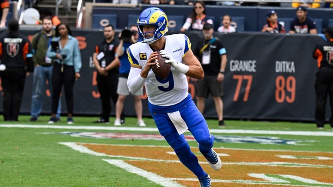 Los Angeles Rams QB Matthew Stafford rolls out to pass vs. the Chicago Bears at Soldier Field in Illinois. (Matt Marton-Imagn Images)