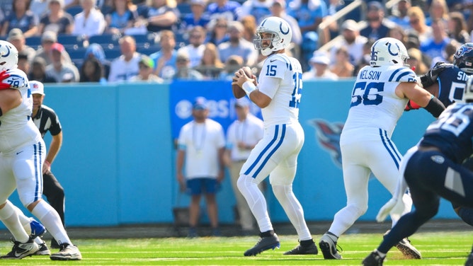 Indianapolis Colts QB Joe Flacco stands in the pocket against the Tennessee at Nissan Stadium. (Steve Roberts-Imagn Images)