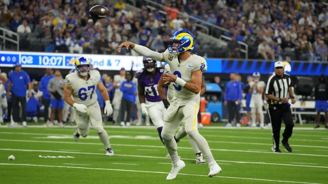 Los Angeles Rams QB Matthew Stafford throws touchdown pass vs. the Minnesota Vikings at SoFi Stadium on Thursday Night Football in NFL Week 8. 